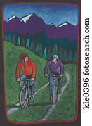 a, pärchen, radfahren, entlang, a, spur, mit, a, wald, und, bergwelt, hinter, sie