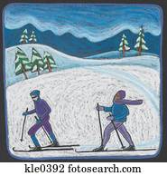 zwei leute, kreuz land fahrend ski