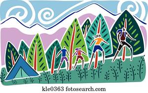 A family camping and hiking in the mountainside