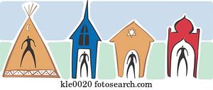 People in a teepee,a church,a synagogue and a temple People in a teepee,a church,a synagogue and a temple