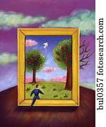 A man walking into a picture frame