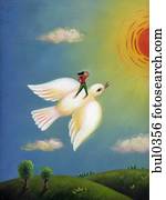 um, mulher, voando, costas, de, um, pomba, direção, a, sol