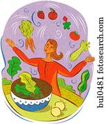 A woman juggling fresh vegetables over a salad bowl