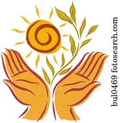 mãos abertas, com, um, sol, e, crescendo, planta