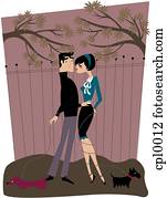 A couple meeting while walking their dogs