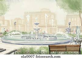 A fountain in a park with buildings in the background A fountain in a park with buildings in the background