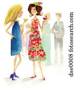 A watercolor illustration of people at a cocktail party