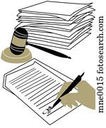 A hand signing a contract, a stack of documents and a judges gavel