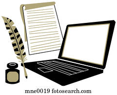 A laptop computer, a notepad, a quill and inkwell A laptop computer, a notepad, a quill and inkwell