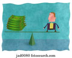 A businessman on a seesaw with a stack of money