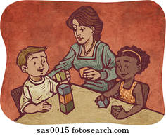 um, puericultura, trabalhador, tocando, blocos, com, duas crianças