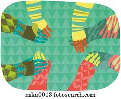 Four pairs of multicolored hands holding hands in a circle