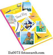 um, diário, coberto, com, fotografias, e, a, palavras, viagem, Blog