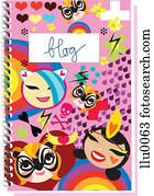 um, meninas, diário, coberto, com, adesivos, e, com, a, palavra, blog, escrito, ligado, a, cobertura