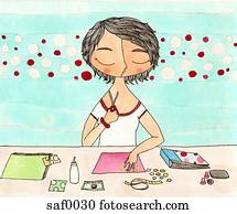 um, mulher, montar, um, scrapbook