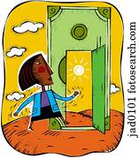 Illustration of a woman walking through a door made of money