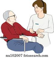 Smiling nurse standing next to and touching arm of, seated elderly man.