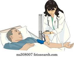 Nurse leaning over prone patient.  Nurse is palpating radial pulse of patient's left arm and looking at watch.