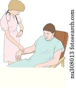 Nurse standing next to seated patient.  Nurse is palpating radial pulse of patient's right arm and looking at watch.