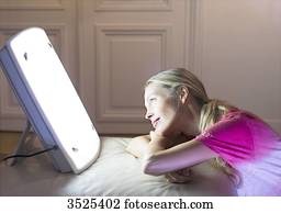 frau, machen, a, sitzung, licht, therapeutisches