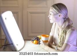 frau, machen, a, sitzung, licht, therapeutisches