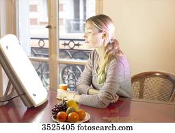 frau, machen, a, sitzung, licht, therapeutisches