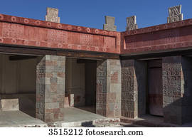 Mexico, State of Mexico, Teotihuacan. Pre-Columbian archaeological site, 200 BC, UNESCO World Heritage Site. Bas reliefs Palace Quetzalpapalotl