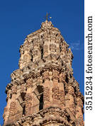 Mexico, Zacatecas state, Zacatecas, a UNESCO World Heritage site. Cathedral, churrigueresque pink sandstone facade, 18th century, detail of the columns
