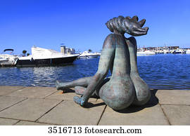 portugal, algarve., faro., estátua, em, a, harbour.