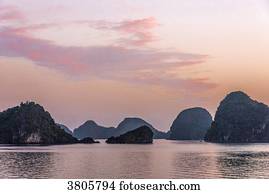 Vietnam, Ha Long Bay at sunset, (UNESCO World Heritage)