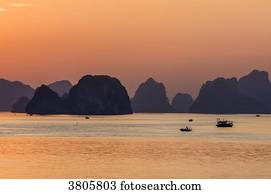 Vietnam, Ha Long Bay at sunset, (UNESCO World Heritage)