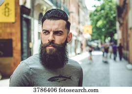 retrato, de, um, jovem, hipster, em, um, urbano, meio ambiente