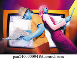 homem mulher, leitura, jornais, costas apoiar, frente, monitor, composto digital