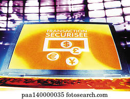 Laptop with international currency symbols on screen, digital composite.