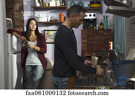 dishes husband kitchen doing couple wife fotosearch drying 1950s