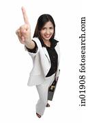 mujer de negocios, con, briefcase,, uno, dedo que señala, hacia arriba