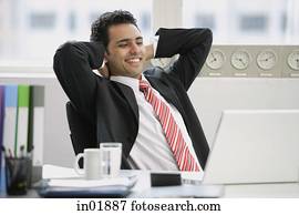 איש עסקים, לשבת, ב, office,, ידיים, אחרי, head,, לחייך