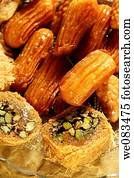 árabe, doces, -, Konafa, e, sésamo, mel, fritters