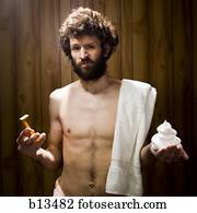 homem, em, toalha, com, navalha, e, creme raspando