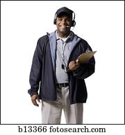 treinador, com, área de transferência, e, headset, sorrindo