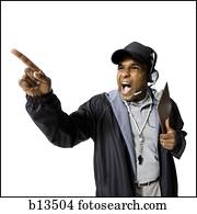 treinador, shouting, e, apontar