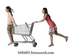 שני, נקבות, לשחק, עם, a, עגלה של קניות