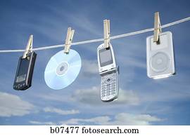 Electronic gadgets hanging on a clothesline