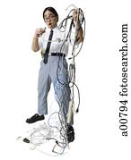 trabalhador escritório, com, entrelaçado, confusão, de, fios