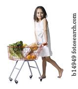 ילדה, עם, עגלה של מכולת