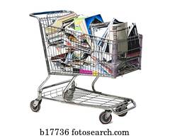 עגלה של קניות, התמלא, עם, ספרים, ו, מגזינים