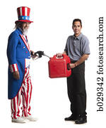 uncle sam holding a gasoline pump filling a man's gas can