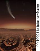 A comet lights up the landscape of Candor Chasma over Mars.