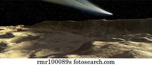 A comet passes over the surface of Mercury.