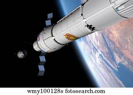 A command module approaches an awaiting rocket in Earth orbit.